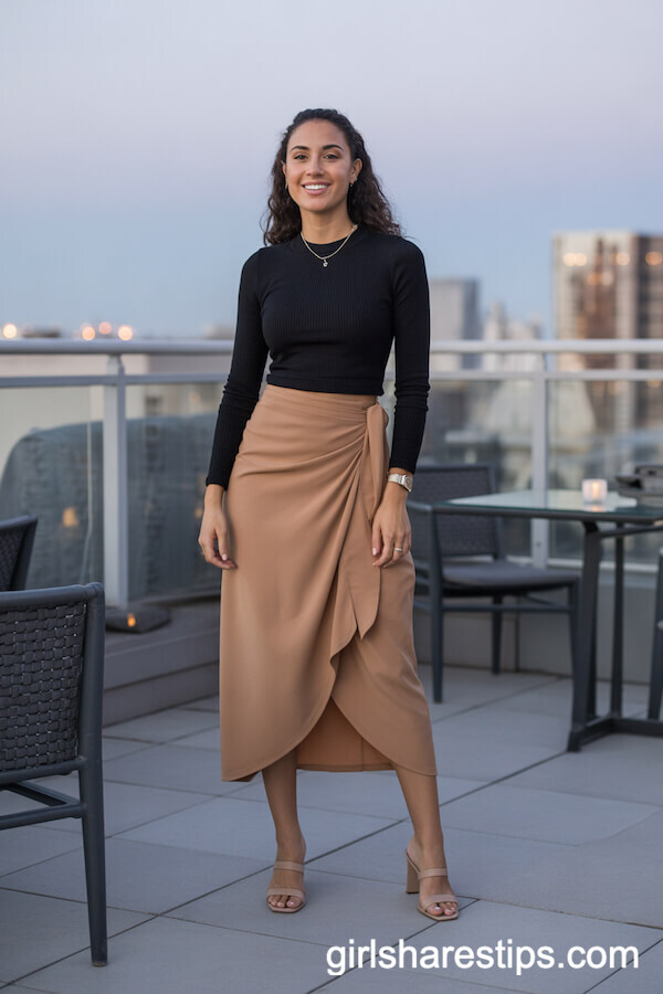 Tan Wrap Skirt and Black Fitted Top Combination