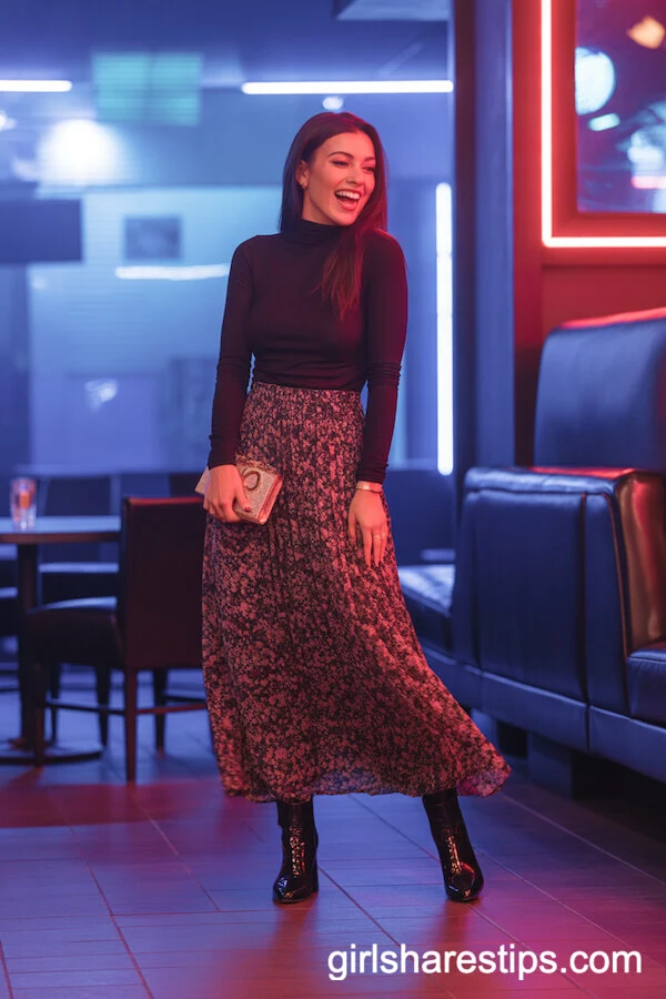 Floral Maxi Skirt and Fitted Turtleneck Ensemble