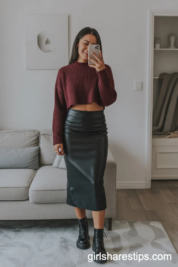 Cropped Maroon Sweater High-Waist Midi Skirt