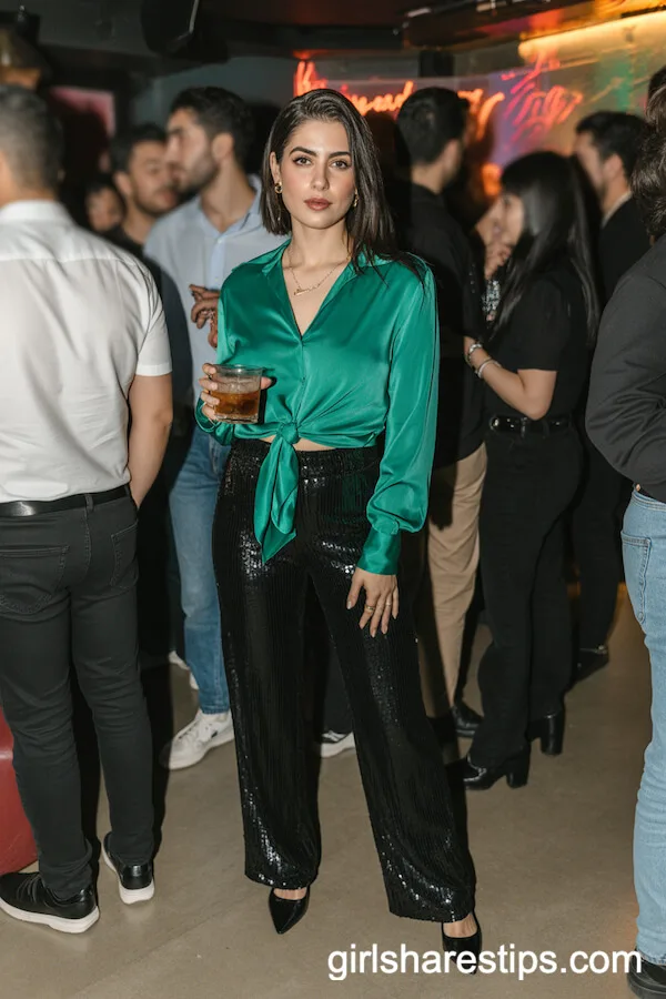 Sequin Pants and Emerald Green Blouse Combo