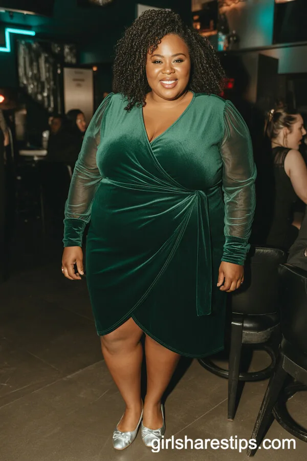 Velvet Green Wrap Dress with Sheer Sleeves