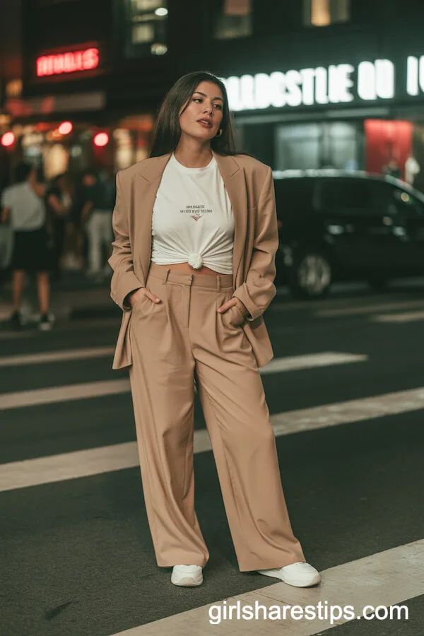 Beige Suit and Graphic Tee for Effortless Chic