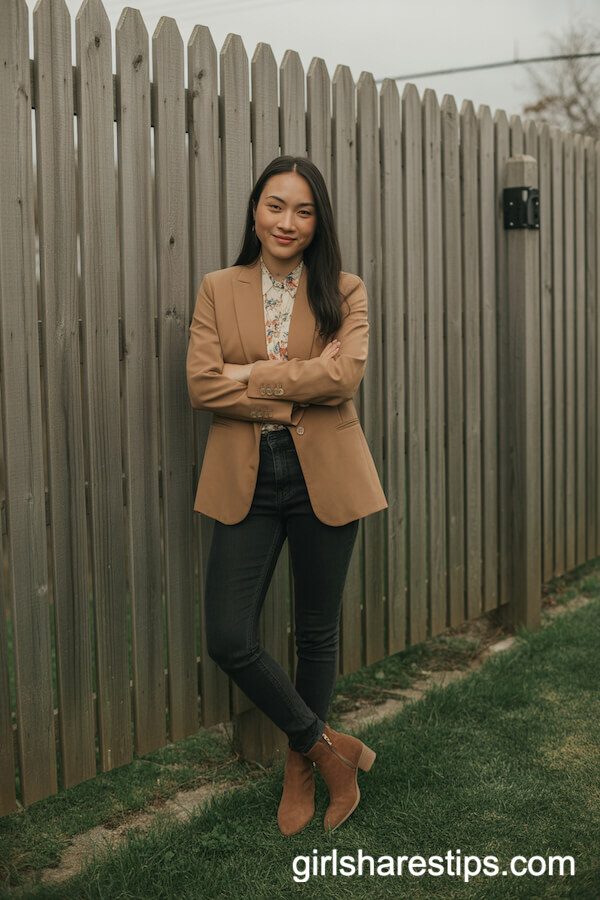 Blazer and Floral Blouse with Skinny Jeans and Ankle Boots