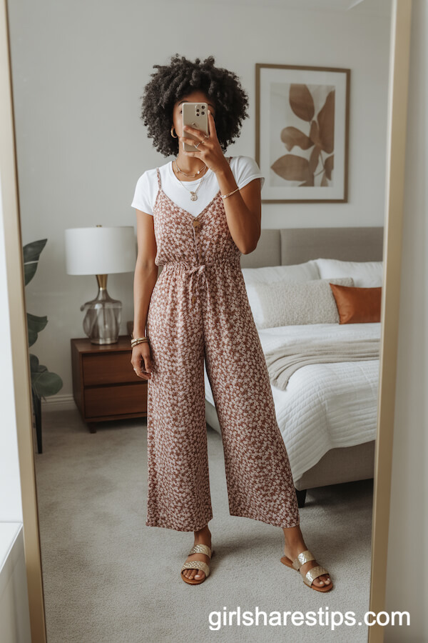 Floral Jumpsuit Layered with Tee and Gold Jewelry