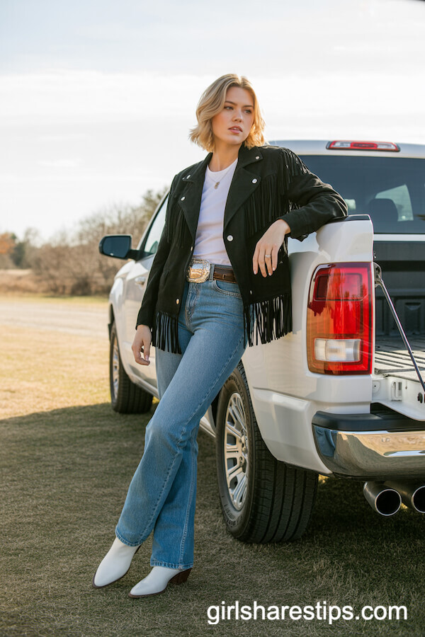 Black Fringe Suede Jacket and Blue Jeans with White Boots
