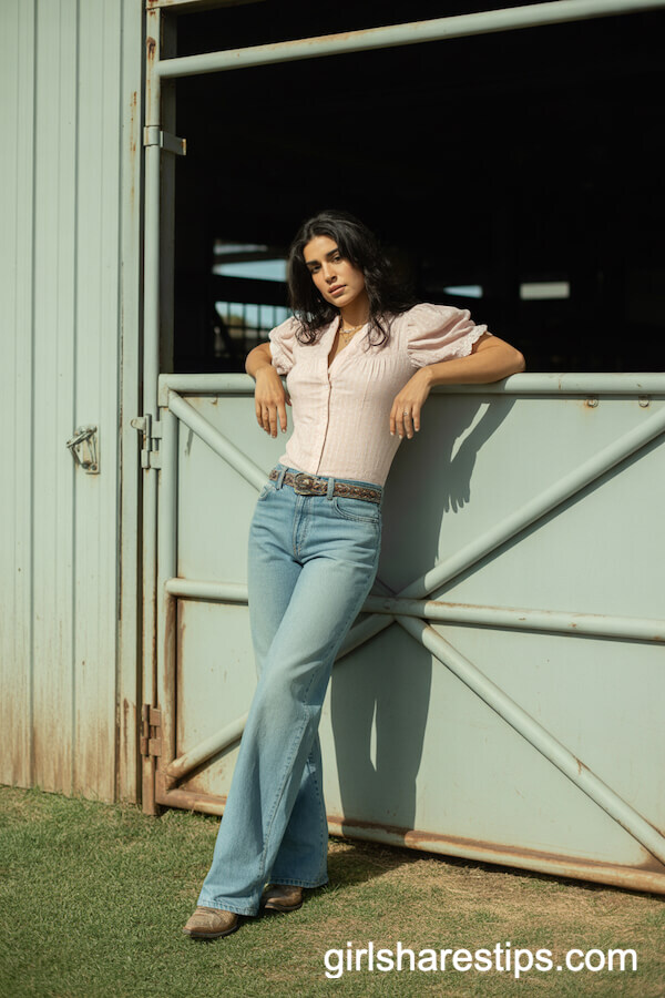 Pastel Ruffle-Sleeve Blouse with Wide-Leg Jeans and Western Boots