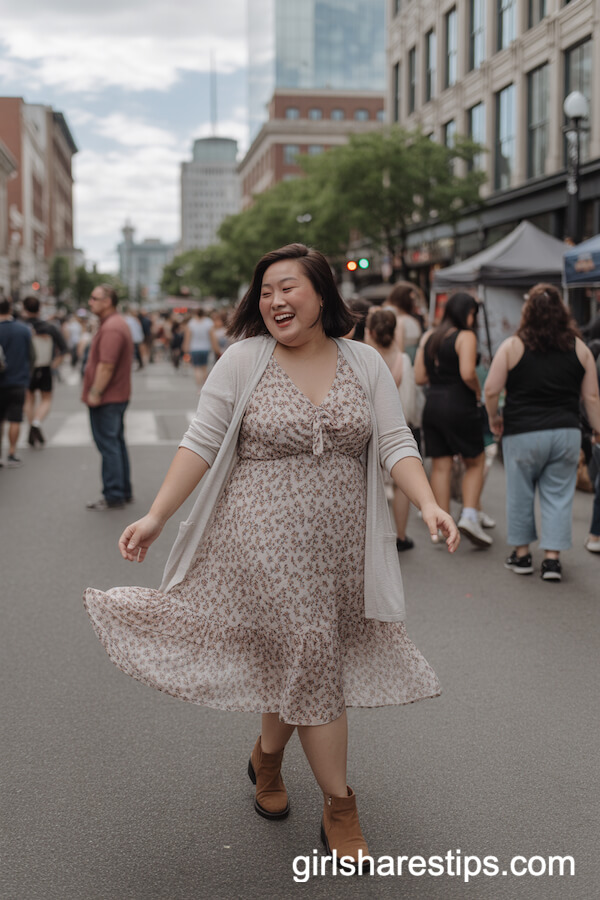 Floral Midi Dress and Cardigan with Brown Booties