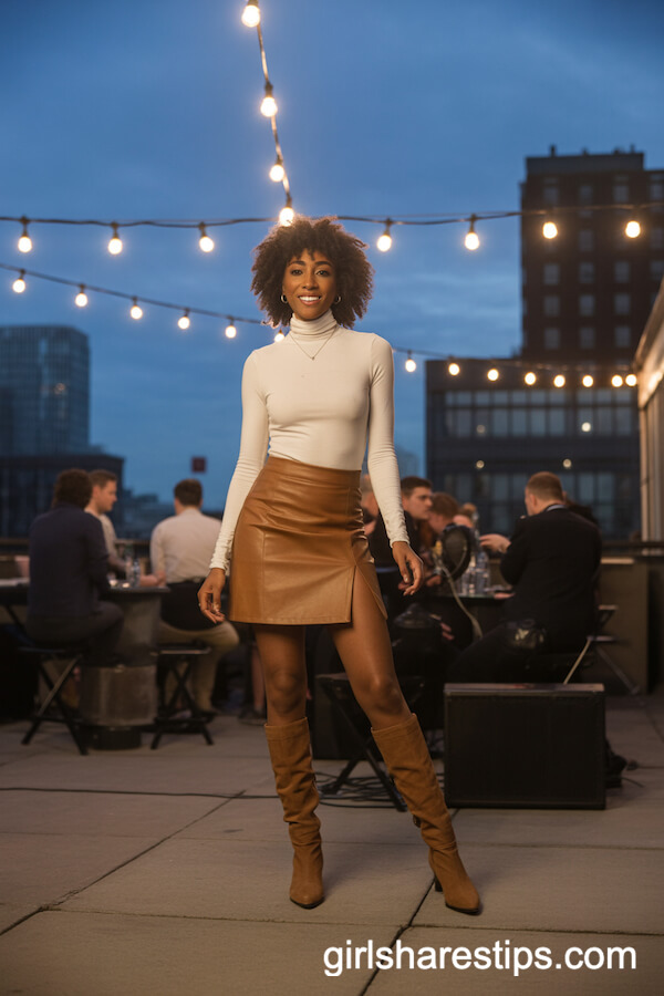 Cream Turtleneck and Tan Suede Skirt with Knee-High Boots