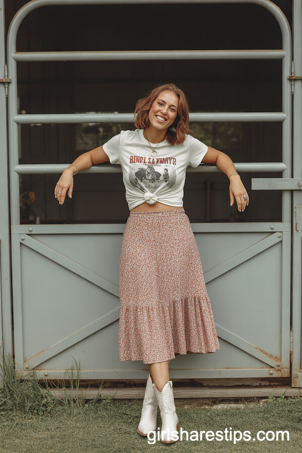 Vintage Band Tee and Floral Midi Skirt with Cowboy Boots