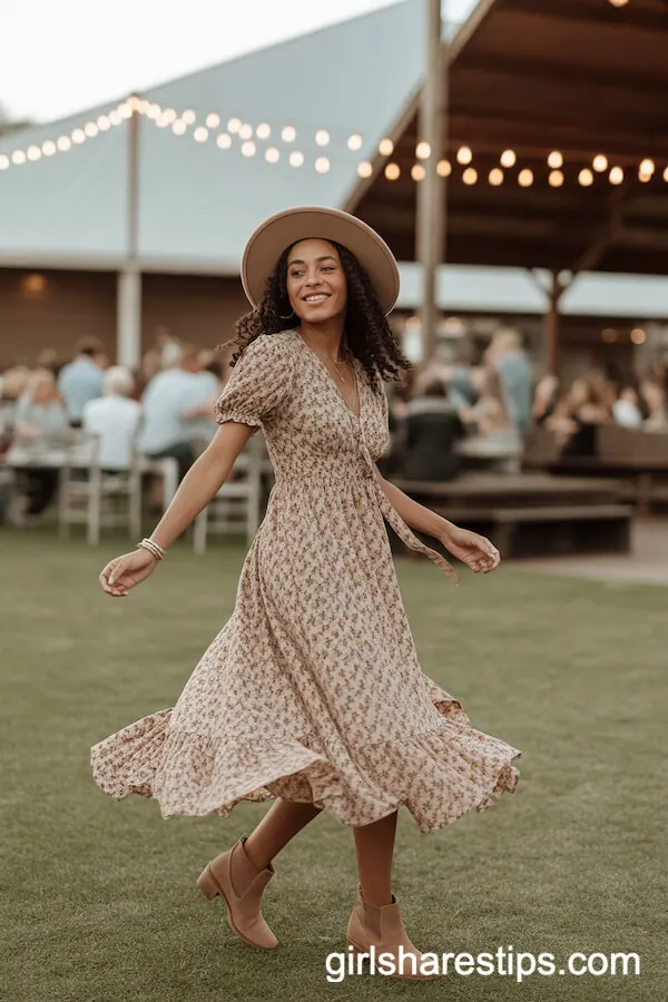 Bohemian Maxi Dress with Felt Hat and Suede Booties