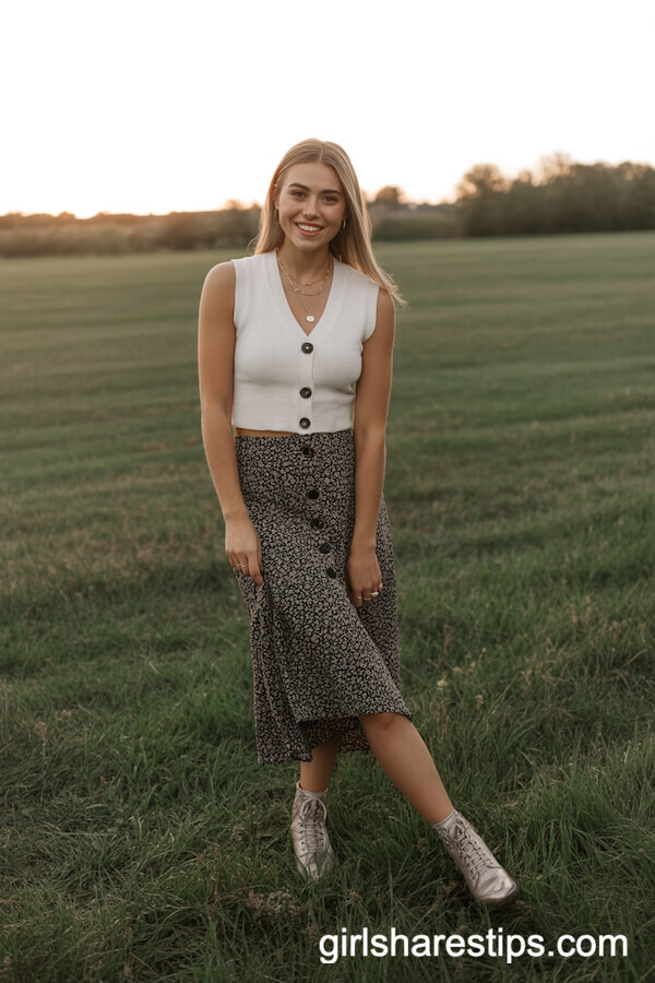 Button-Front Midi Skirt with Sweater Vest and Stylish Boots
