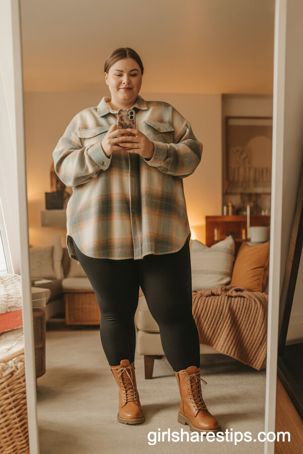 Oversized Flannel Shirt Black Leggings Lace-Up Boots