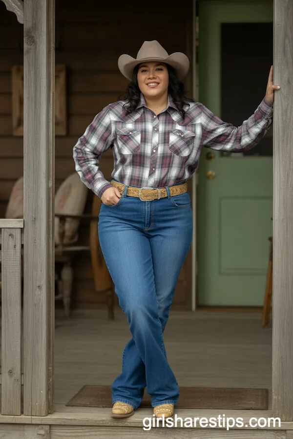 Plaid Western Shirt and High-Waisted Jeans with Boots