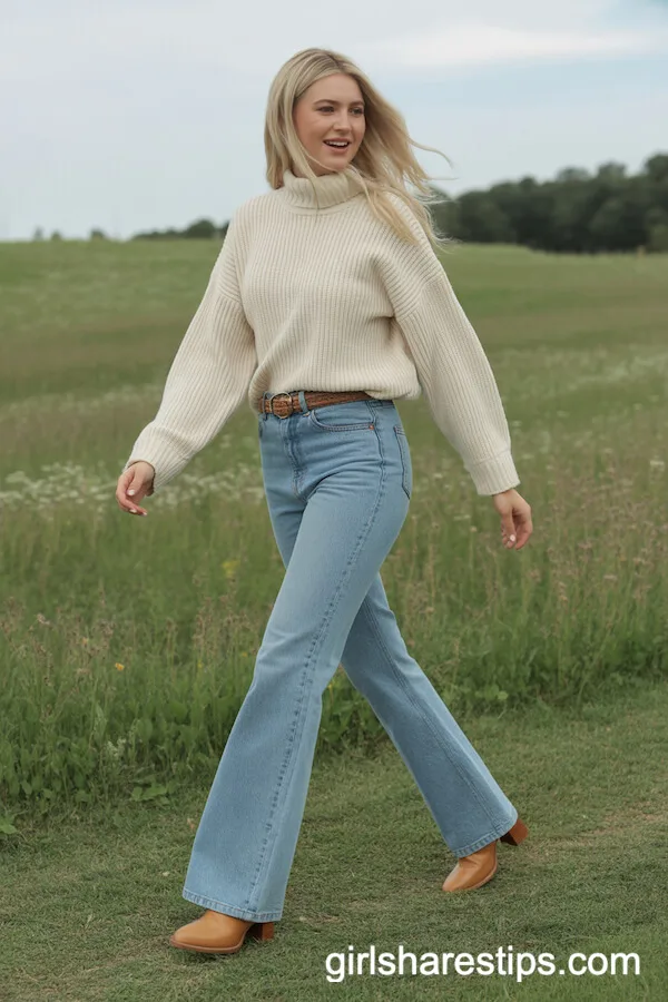 Chunky Knit Sweater Flare Jeans Heeled Boots