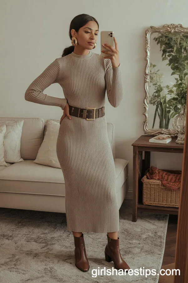 Ribbed Knit Midi Dress Statement Belt Ankle Boots