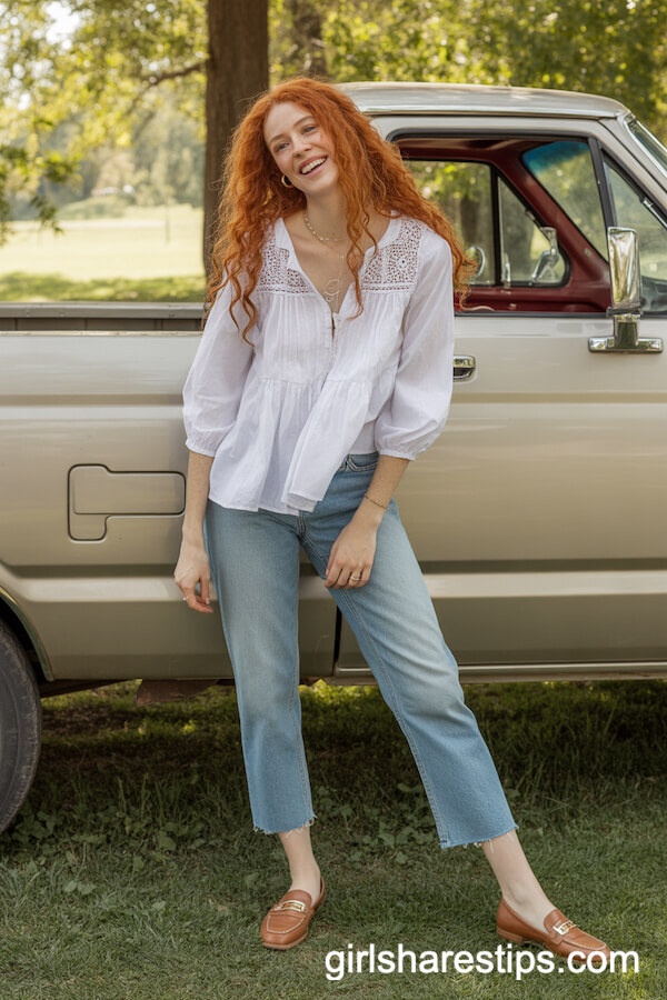 Lace Peasant Blouse and Cropped Jeans with Loafers