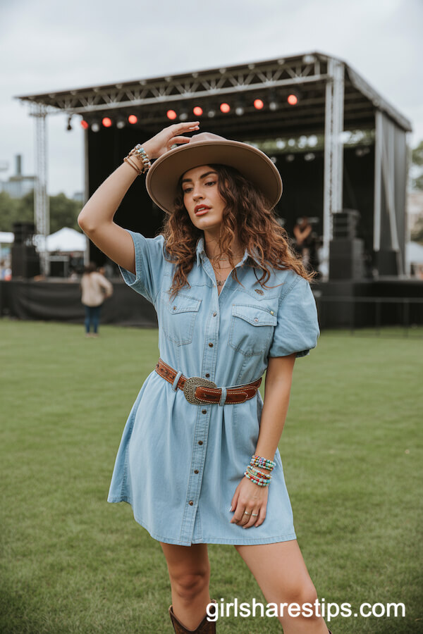 Chambray Dress with Western Belt and Beaded Jewelry