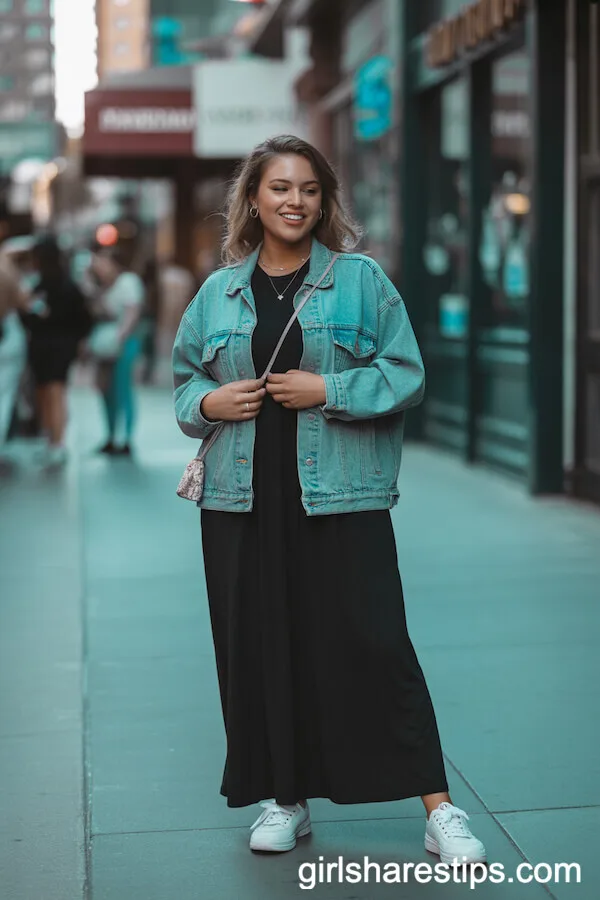 Chic Black Maxi Dress with Denim Jacket and Sneakers