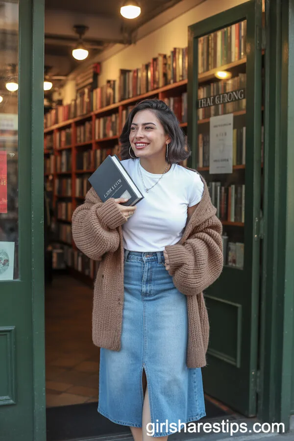Denim Midi Skirt and Chunky Cardigan for a Cozy Look