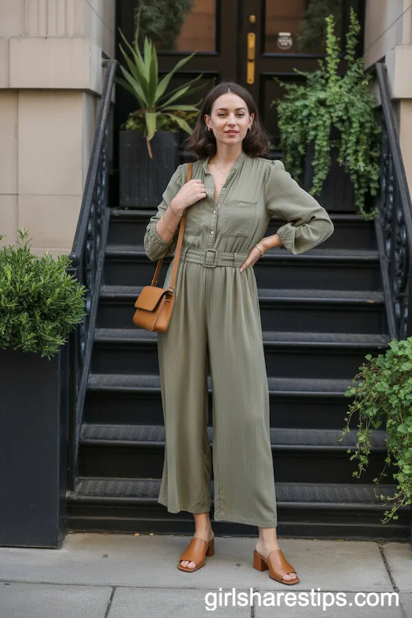 Olive Wide-Leg Jumpsuit with Mules