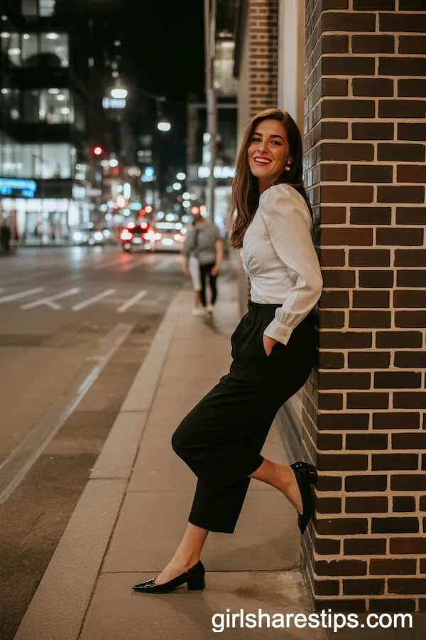Black Culottes and Fitted White Blouse Combo