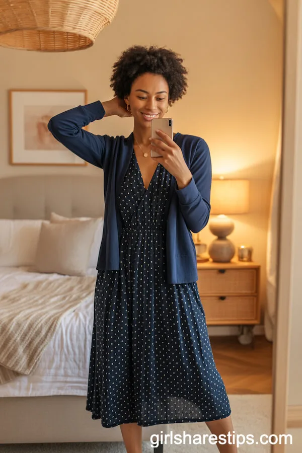 Polka Dot Midi Dress with Cardigan for a Soft Touch