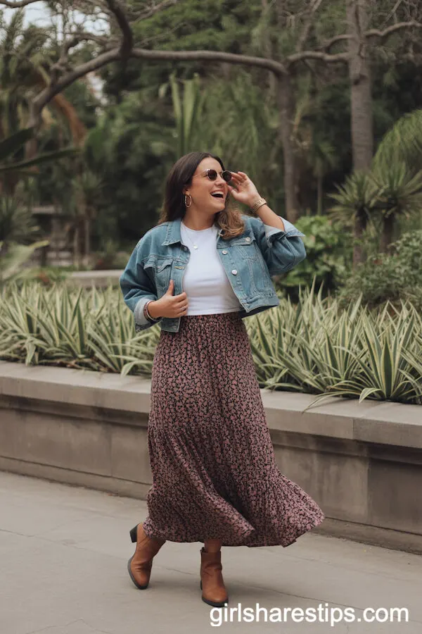 Patterned Maxi Skirt, White Tee, Cropped Denim Jacket