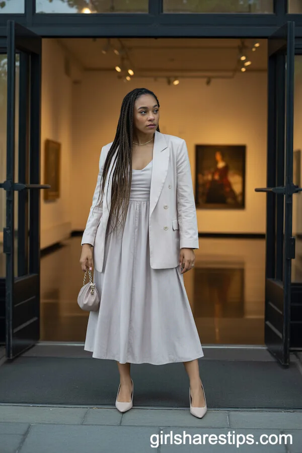 Pastel Midi Dress Layered with a Beige Blazer