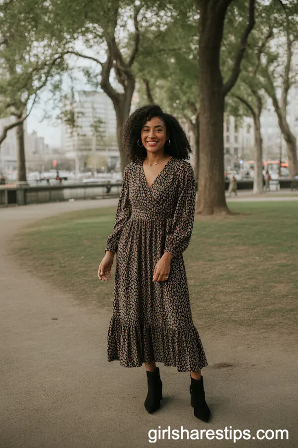 Printed Maxi Wrap Dress with Black Ankle Boots