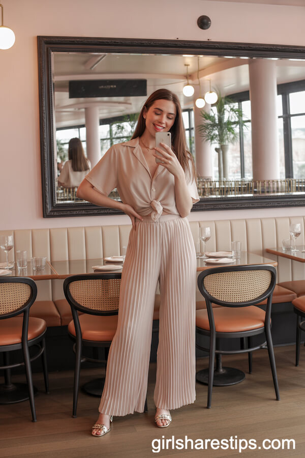Beige Palazzo Pants and Blush Blouse Pairing