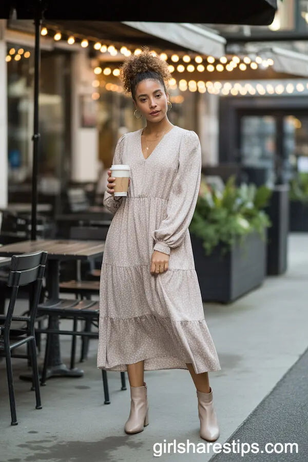 Floral Long-Sleeve Midi Dress with Ankle Boots