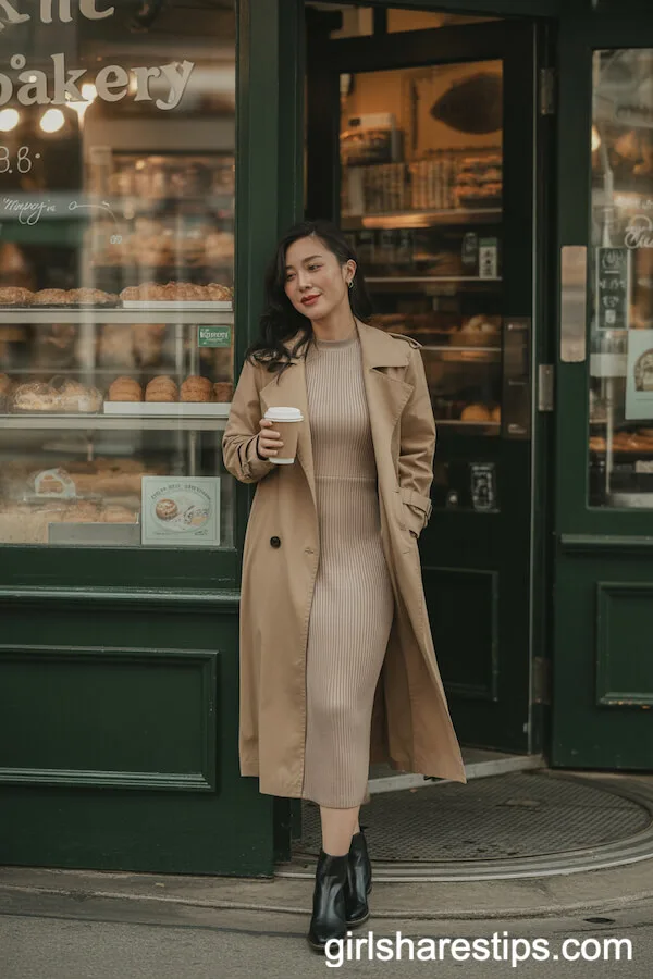 Tan Trench Coat Layered Over a Midi Dress