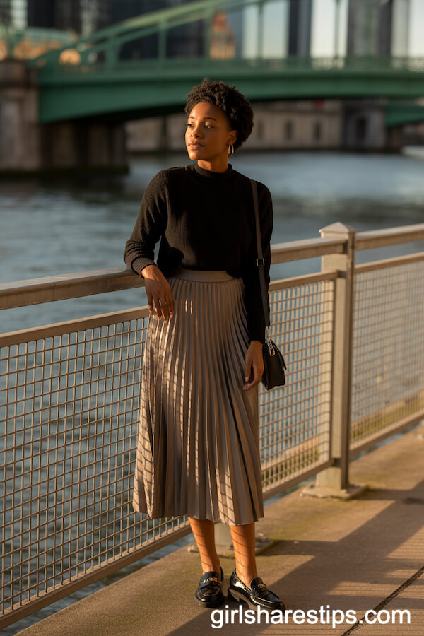 Mockneck Sweater Pleated Midi Skirt with Loafers