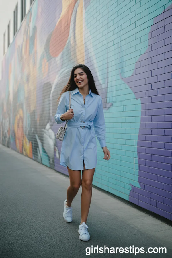 Belted Shirt Dress with White Sneakers for Urban Vibes