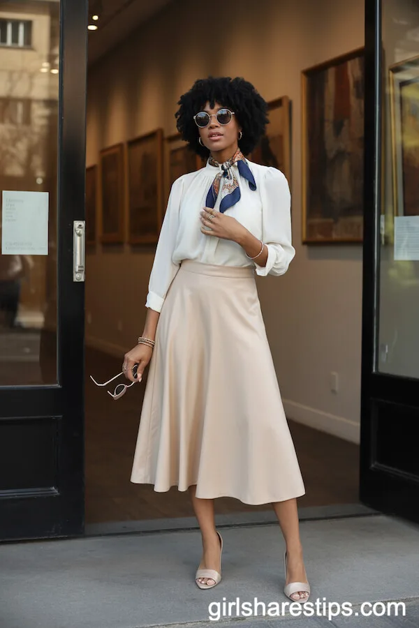 Cream A-Line Midi Skirt and Blouse with a Statement Scarf