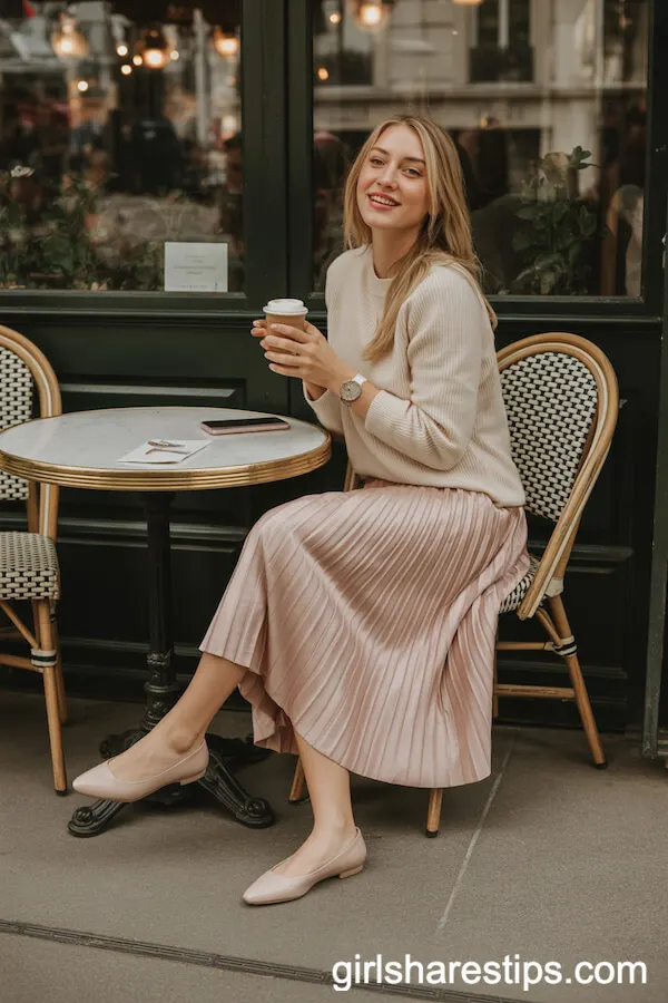 Blush Pleated Midi Skirt and Knit Sweater Ensemble