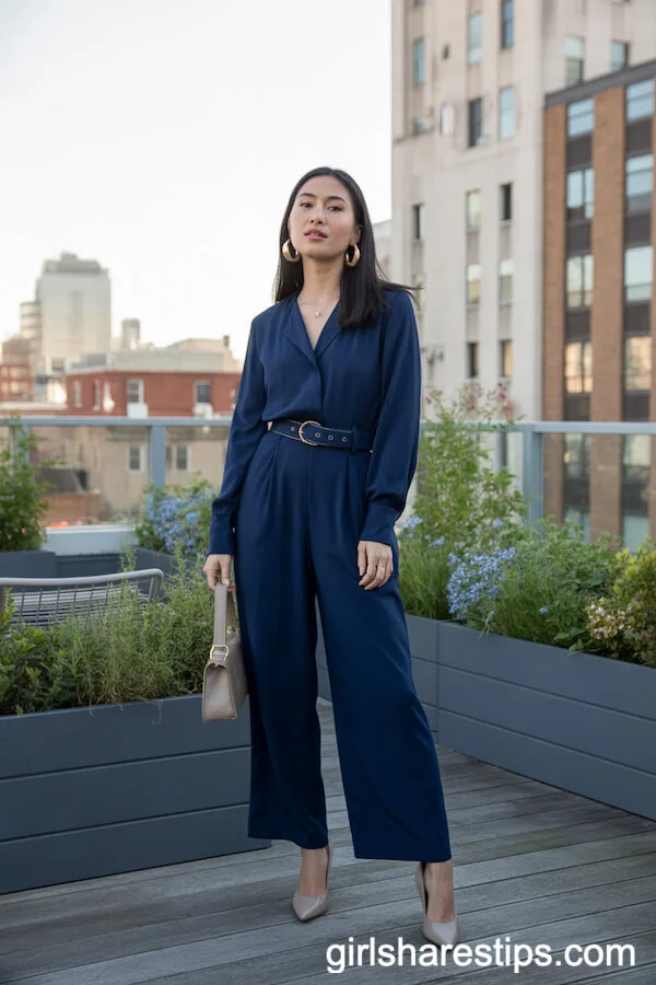 Navy Belted Jumpsuit with Beige Heels