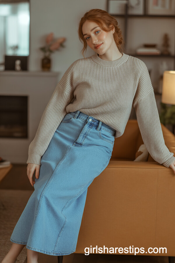 High-Waisted Denim Maxi Skirt with Fitted Knit Sweater