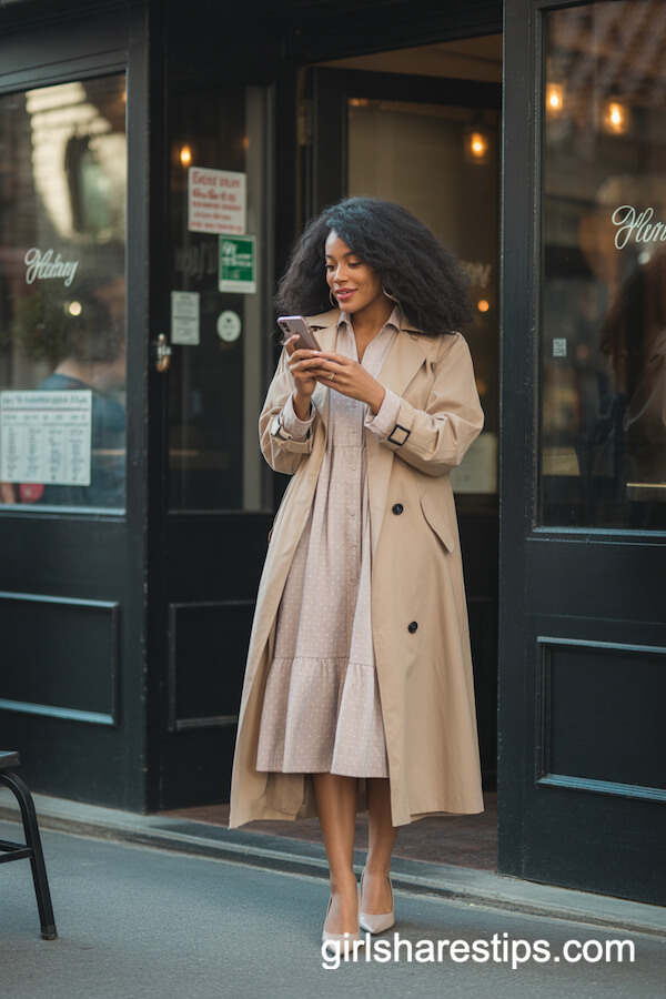 Modest Midi Dress with Long Neutral Trench Coat