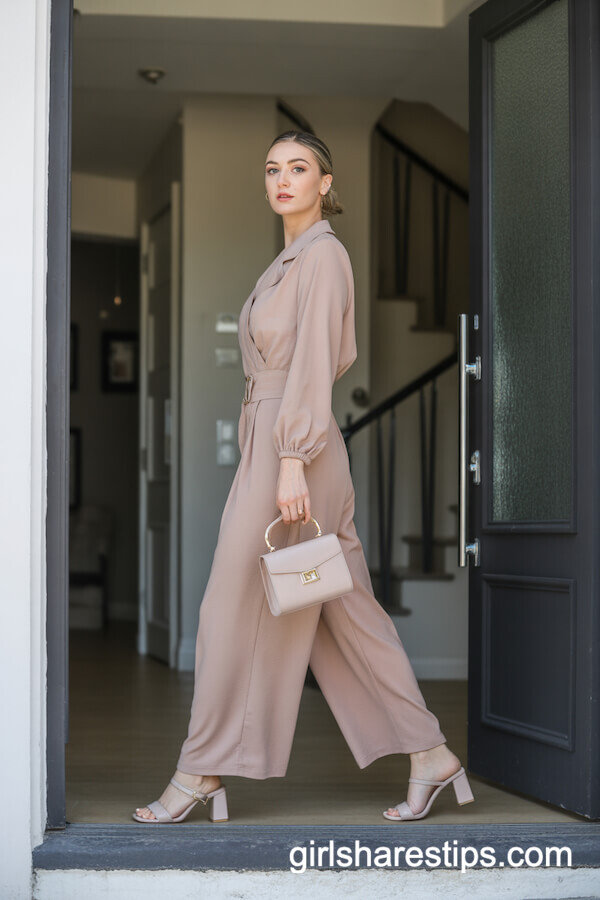 Long-Sleeve Jumpsuit with Structured Mini Bag and Block Heels