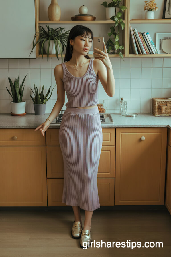 Ribbed Knit Top and Midi Skirt Set with Loafers