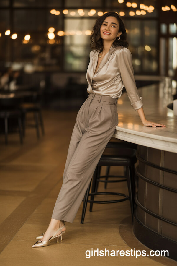 Tailored Trousers with Shiny Satin Blouse and Kitten Heels