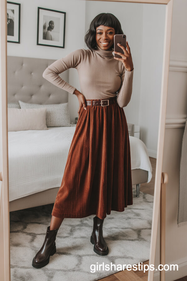 Midi Corduroy Skirt with Fitted Turtleneck and Boots