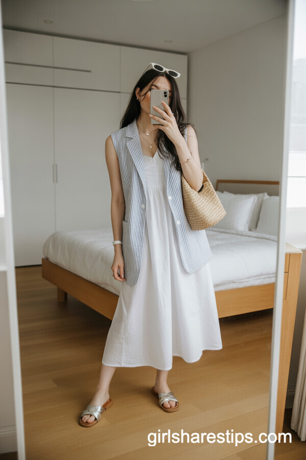 Sleeveless White Midi Dress with Striped Vest and Straw Bag
