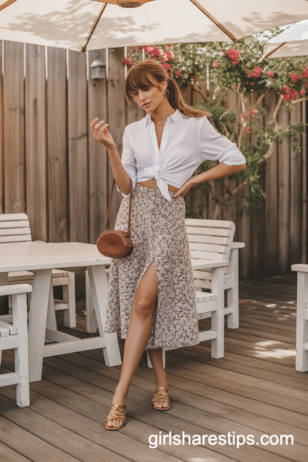 Crisp White Blouse with High-Waisted Floral Skirt and Strappy Sandals