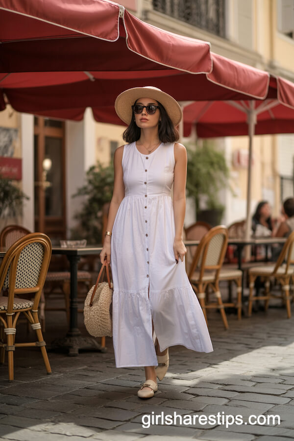 Sleeveless White Button-Down Maxi Dress with Wide-Brimmed Hat