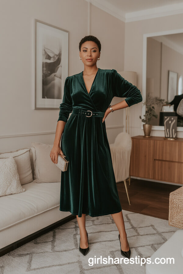 Emerald Green Velvet Midi Dress with Belt and Clutch