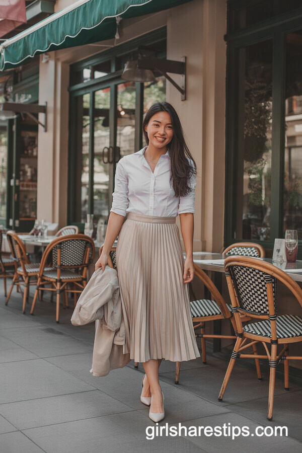 Button-Up Shirt Tucked into Midi Pleated Skirt