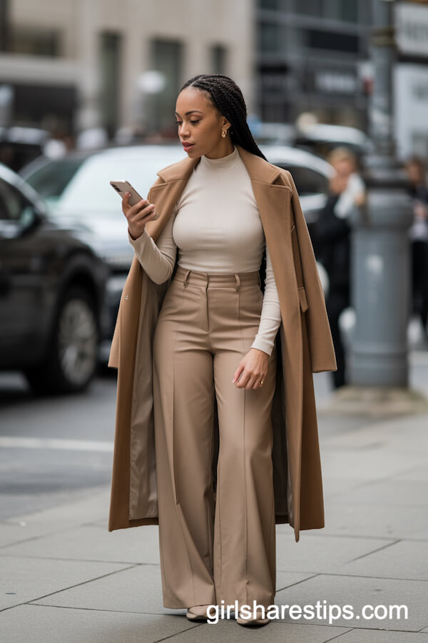 Monochrome Wide-Leg Pants with Mock-Neck Top and Tailored Coat