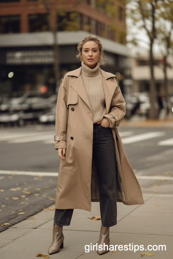 Beige Trench Coat with Knit Turtleneck and Dark Jeans
